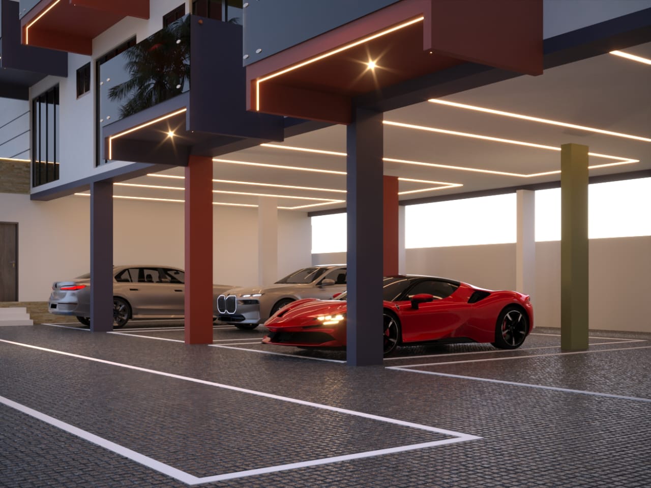 Illuminated undercroft parking at Grandeur Luxe