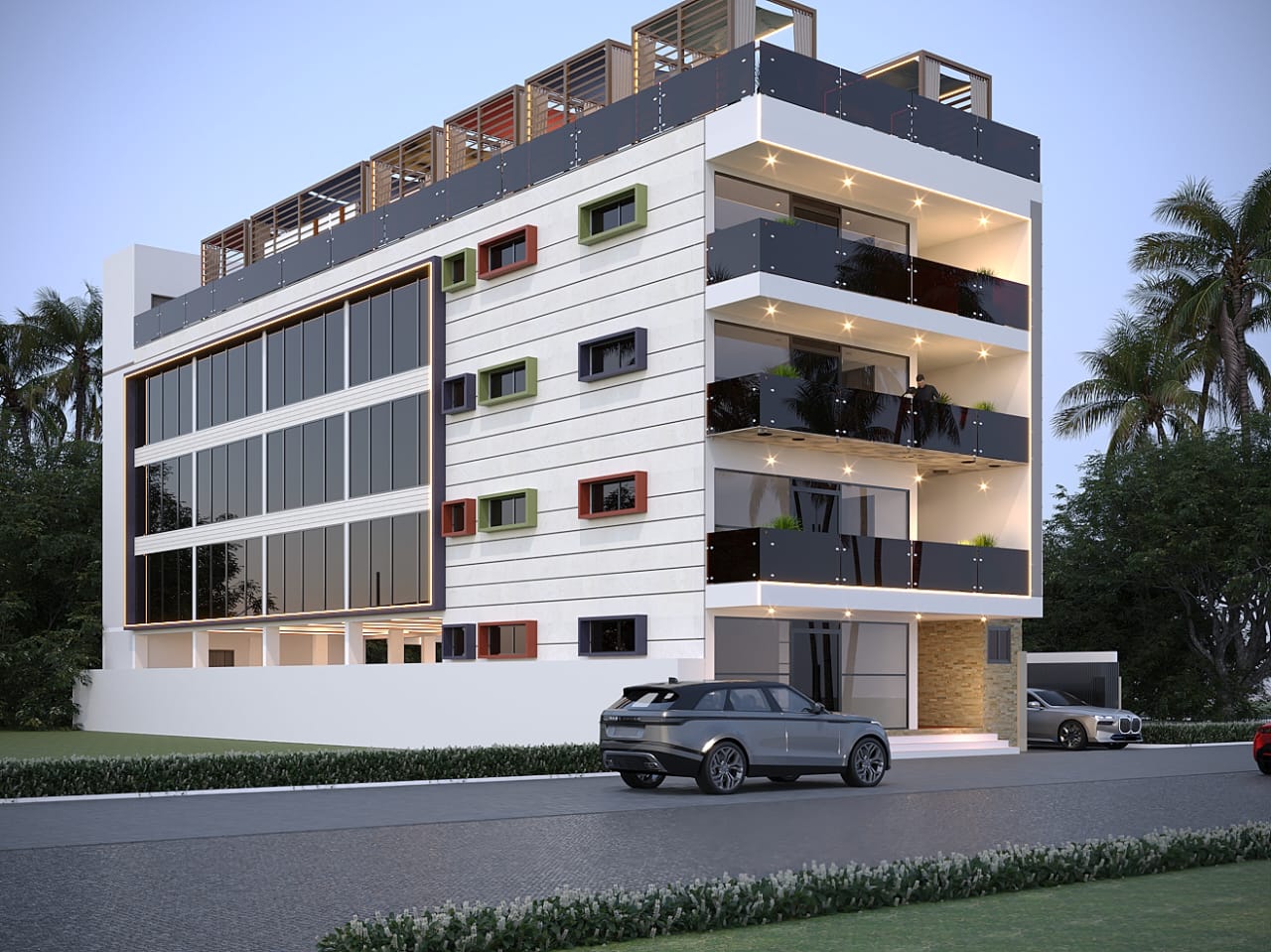 Side elevation with glazed stair core at Grandeur Luxe
