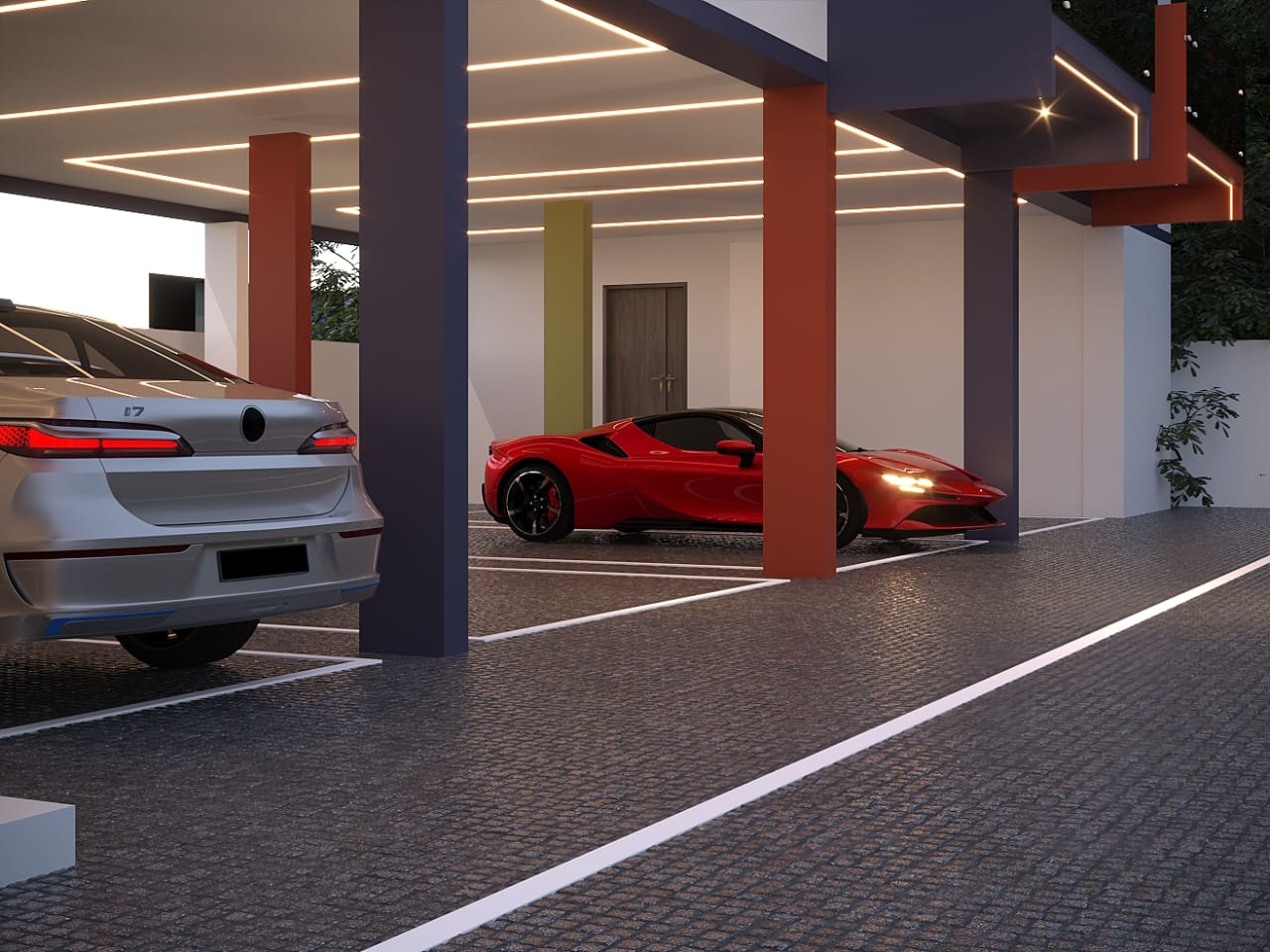 Lit covered parking bays at Grandeur Luxe