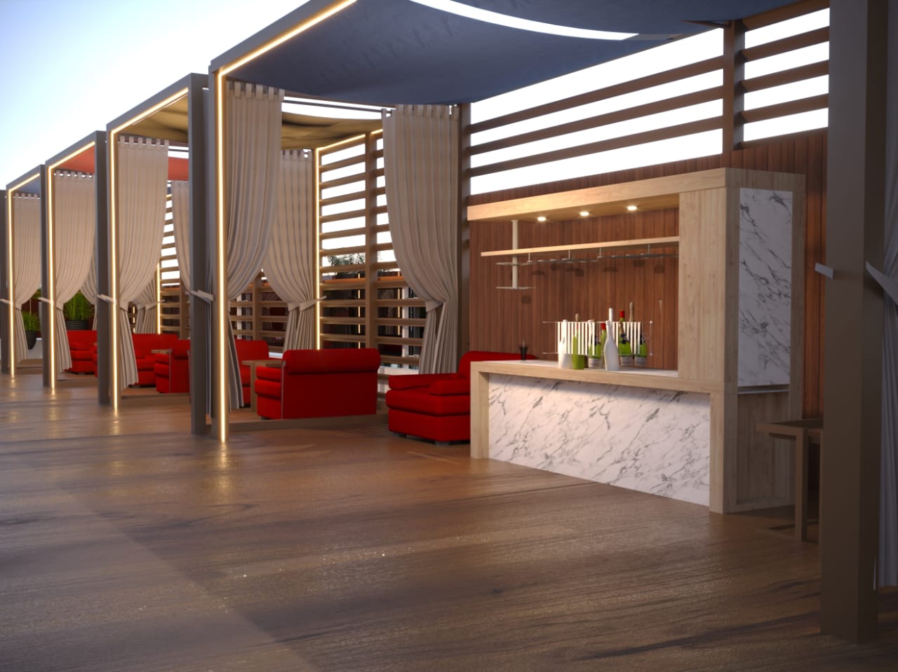 Rooftop cabana bar at Grandeur Luxe
